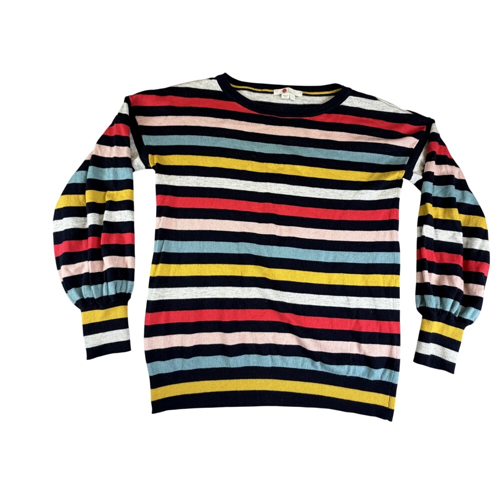 Boden Sweater Womens Small Multicolor Stripe Crewneck Balloon Sleeve Wool Knit